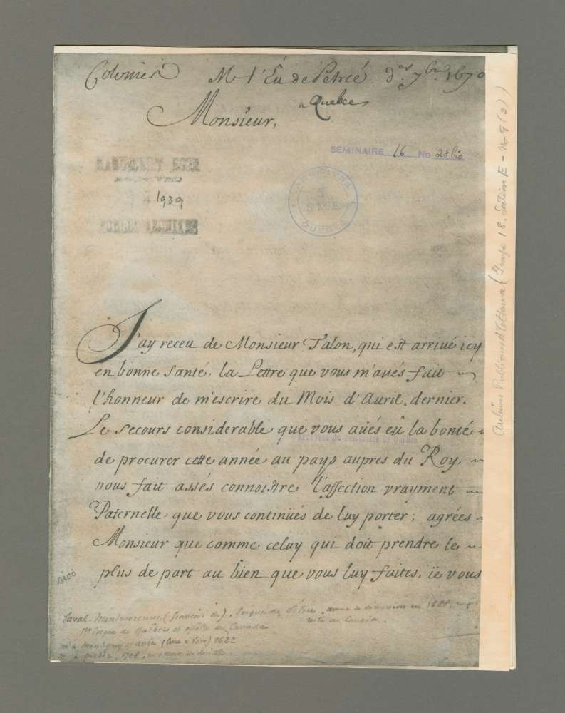 Lettre de monseigneur de Laval à Colbert
