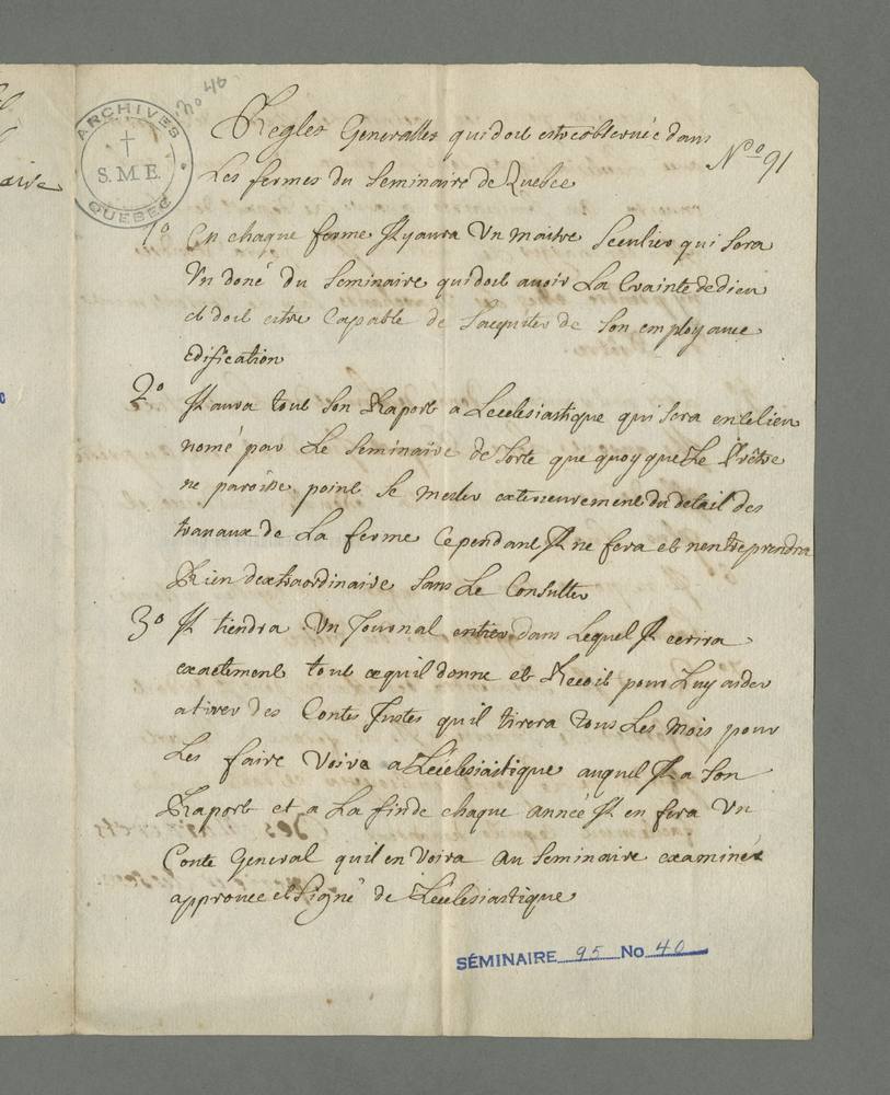 Regles generalles [sic] qui doit être observée dans les fermes du Séminaire de Quebec