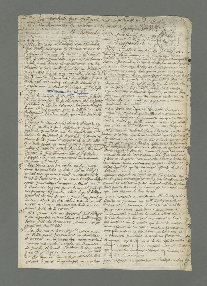 Écrit présenté par messieurs les supérieurs et directeurs du Séminaire de Québec à mgneur l'évêque de Québec et réponse qu'on y fait