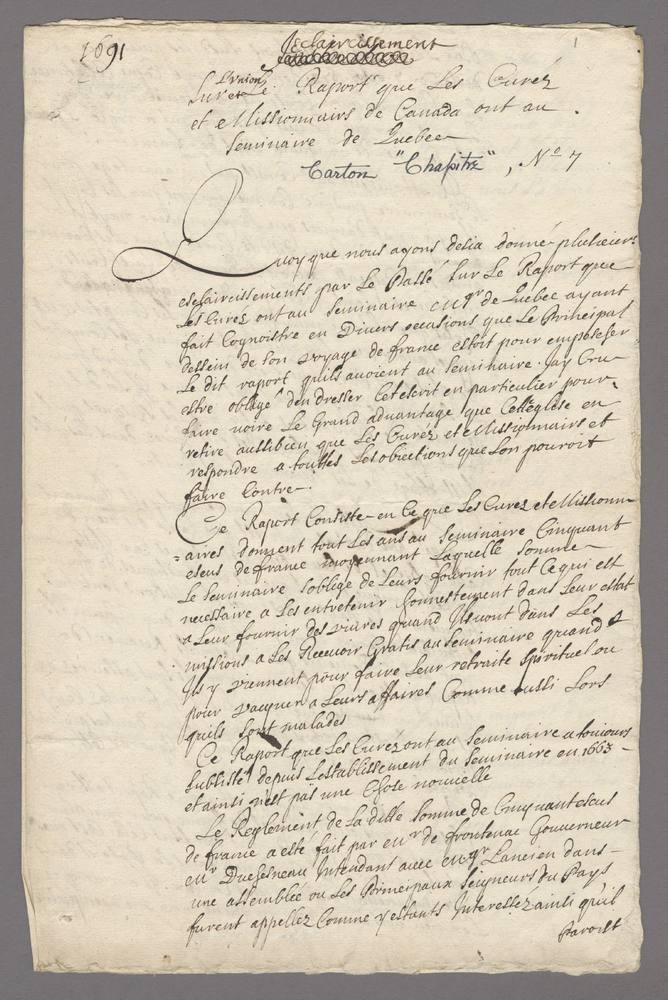 Eclaircissement sur l'union et le rapport que les curés et missionnaires de Canada ont au Séminaire de Québec