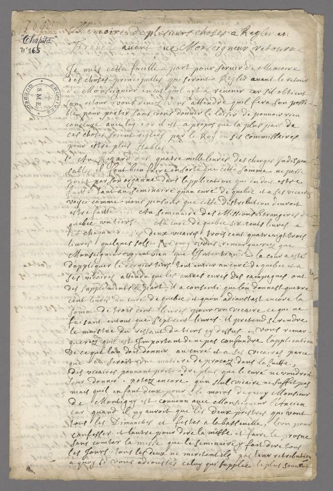 Memoire de plusieurs choses a regler en France avant que Monseigneur retourne