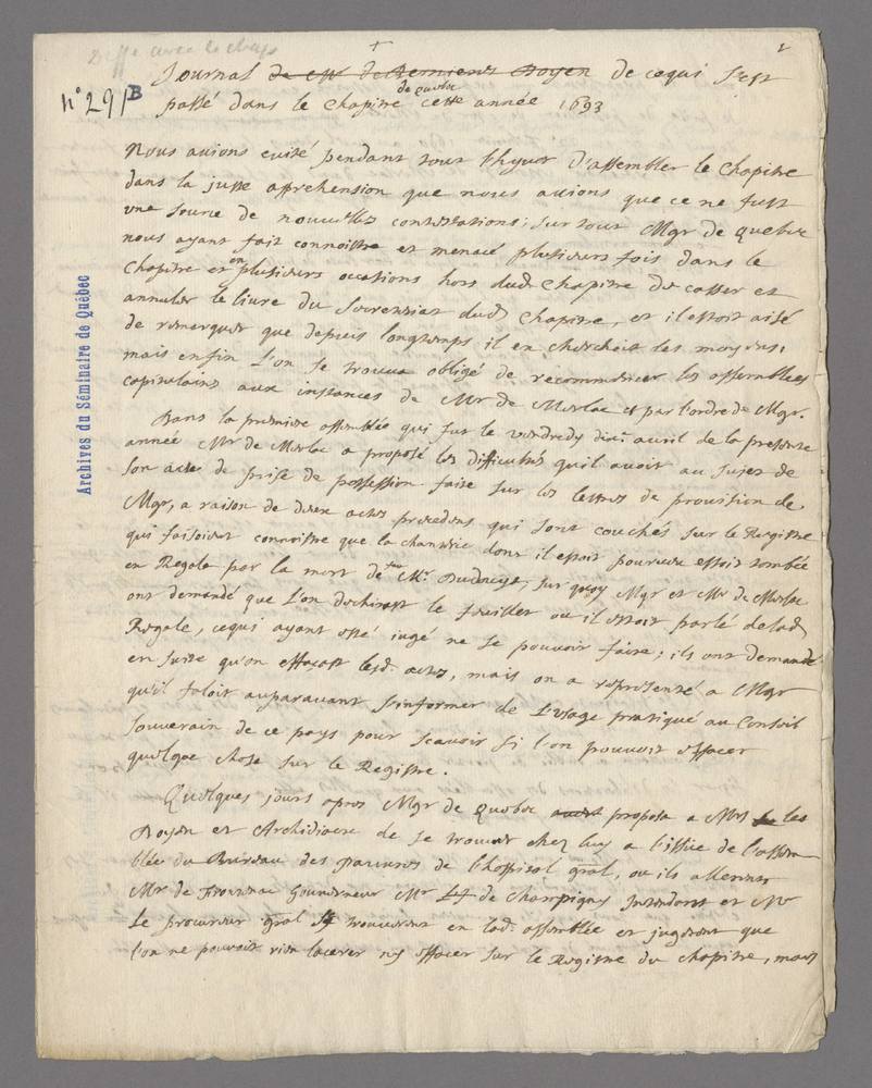 Journal de ce qui s'est passé dans le Chapitre de Québec cette année 1693