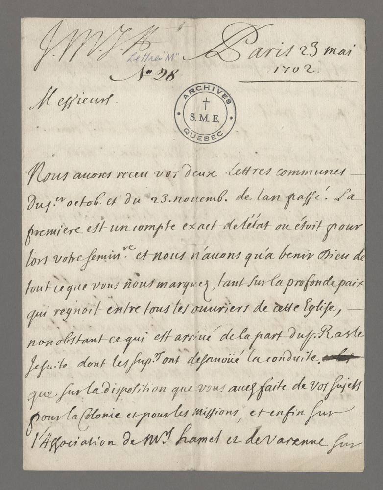 Lettre des abbés Tiberge et Brisacier au Séminaire de Québec
