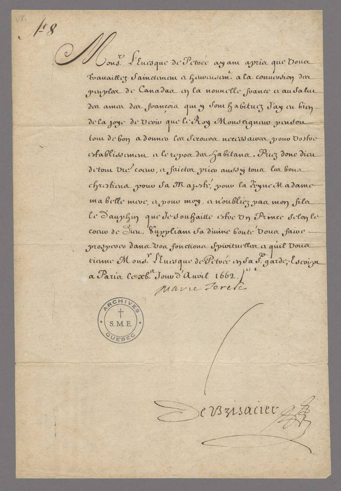 Lettre de Marie-Thérèse d'Autriche à monseigneur de Laval