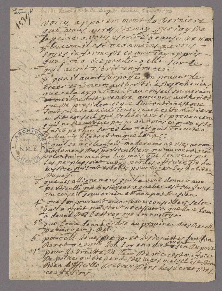 Lettre de monseigneur de Laval au sujet du comte de Frontenac