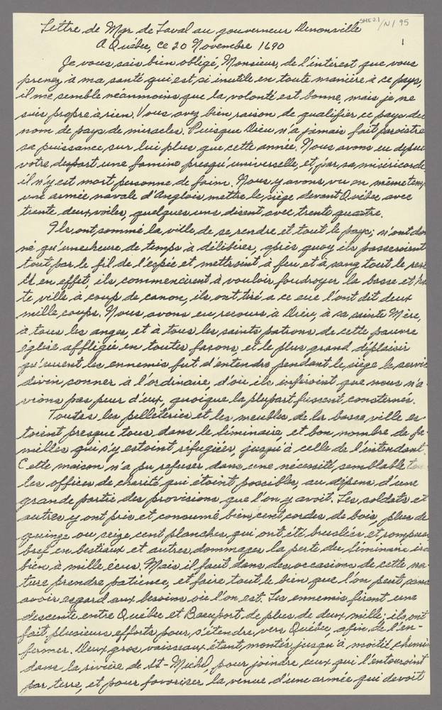 Lettre de Mgr de Laval au gouverneur Denonville à Québec, ce 20 novembre 1690.