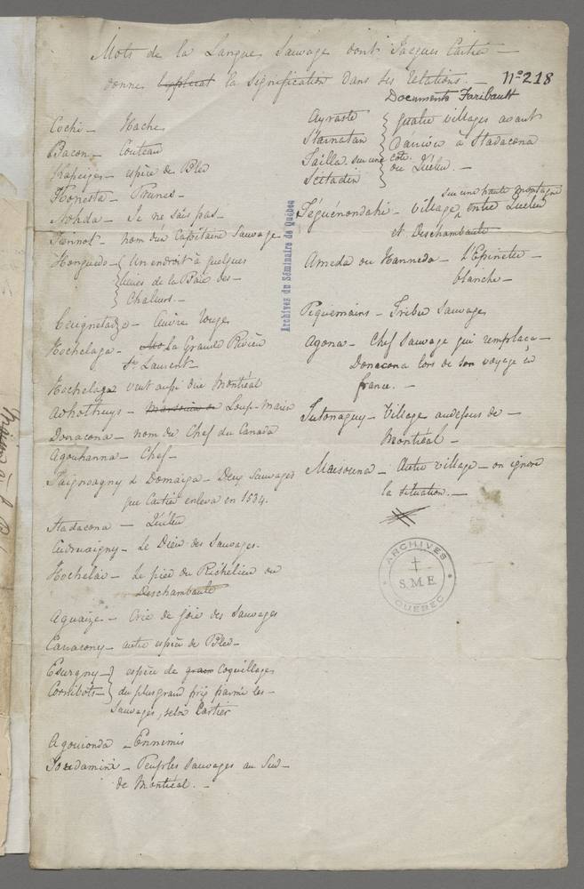 Mots de la langue sauvage dont Jacques Cartier donne la signification dans les Relations
