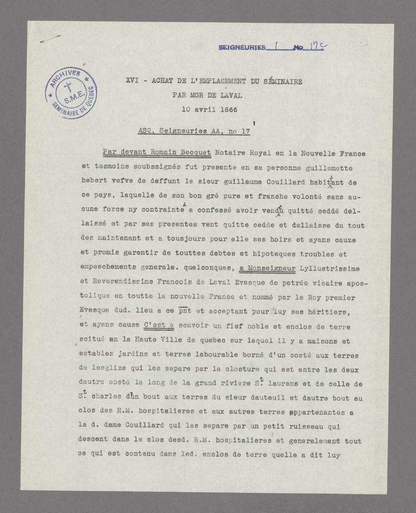 XVI Achat de l'emplacement du Séminaire par Mgr de Laval 10 avril 1666