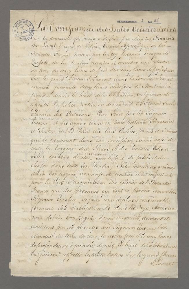 Contrat de concession de cinq lieues vers le Sault de la Chaudière