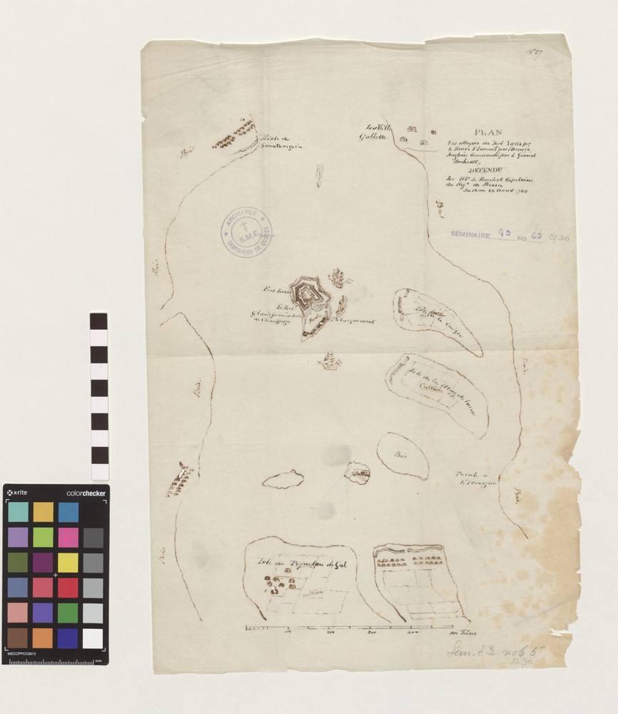 Plan des attaques du fort Lévis sur le fleuve St. Laurent par l'armée angloise commandée par le général Amherst défendu par Mr de Pouchot capitaine du Regt de Béarn du 16 au 26 août 1760