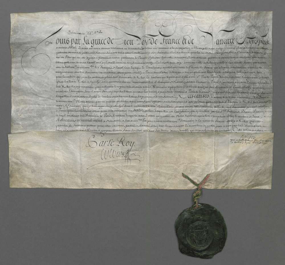 Lettres patentes de Louis XIV qui confirment l'union du Séminaire de Québec au Séminaire des Missions Étrangères de Paris